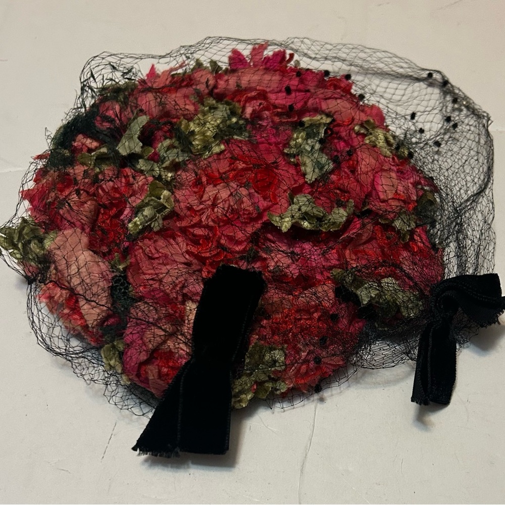 Elegant Floral  vintage Net Hat with Black Velvet Bows
